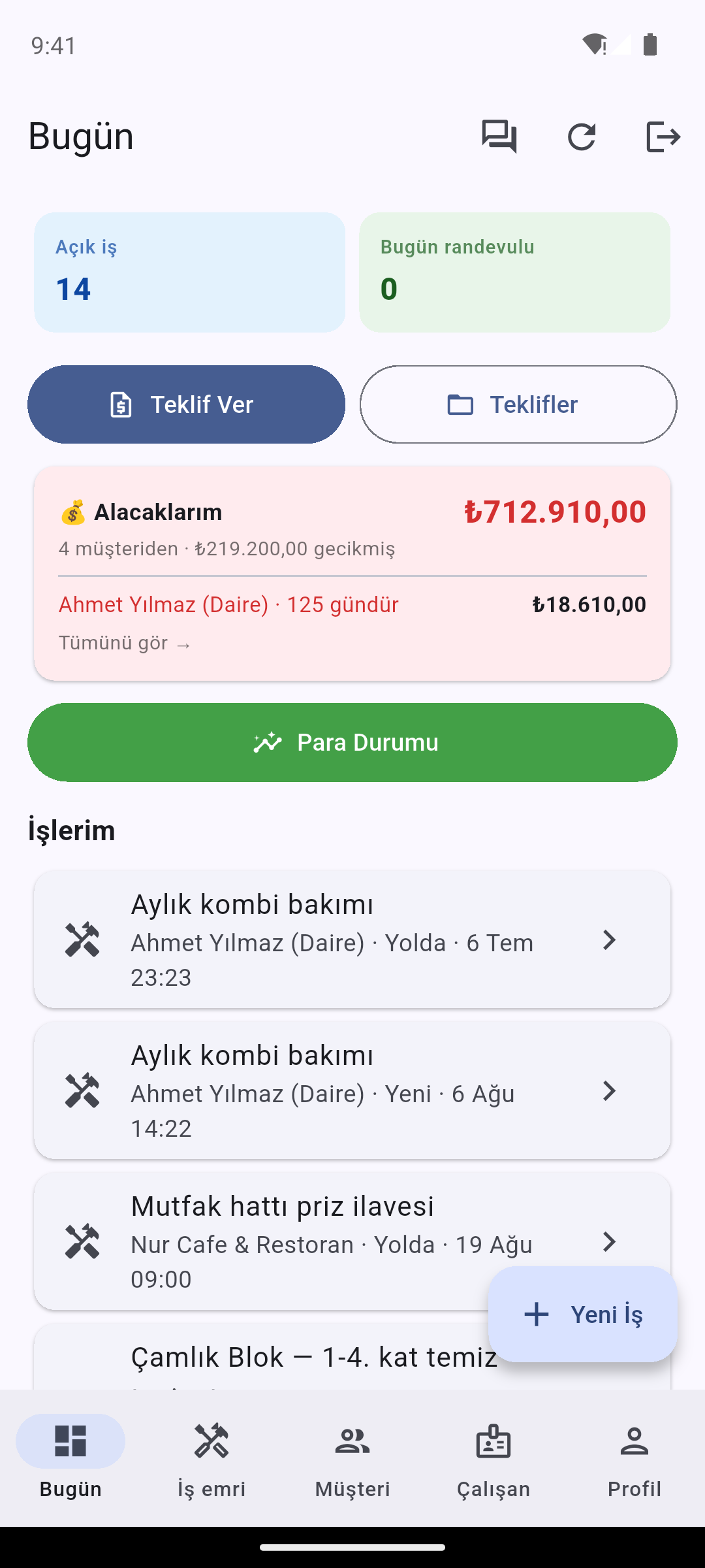İşin Kolayı Bugün ekranı: Alacaklarım kartı, gecikmiş tutar ve en uzun bekleyen müşteri