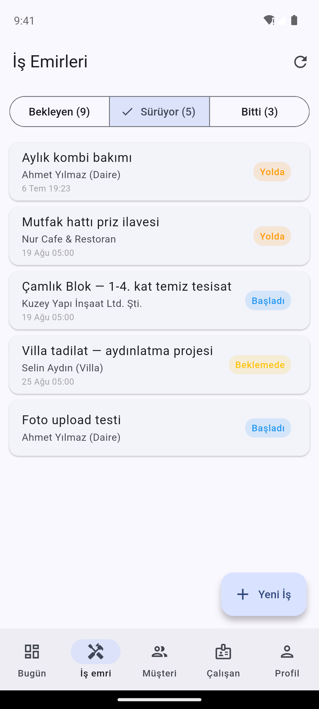 İşin Kolayı iş emirleri listesi: açık işler, durumları ve müşterileri