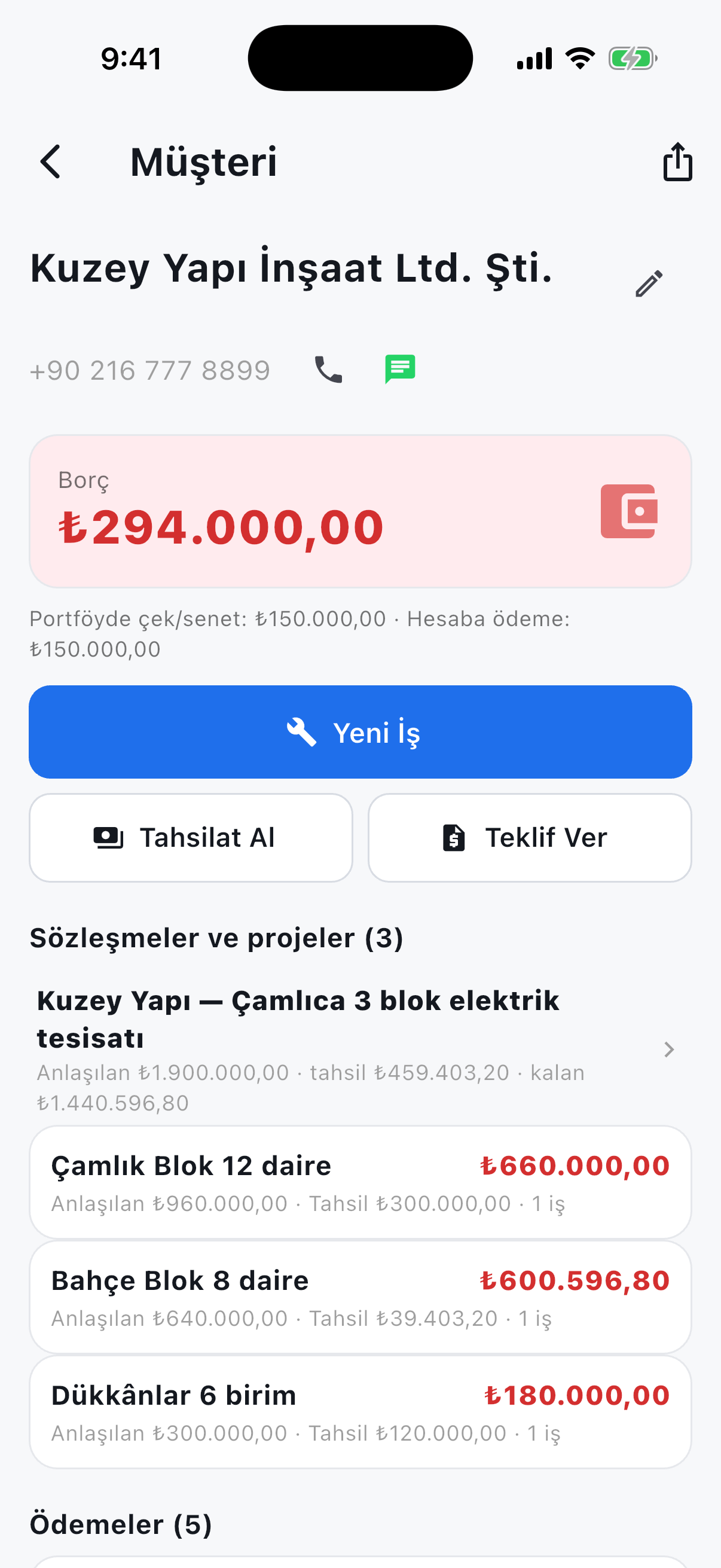 İşin Kolayı müşteri ekranı: sözleşme altında gruplanmış projeler ve her birinin kalanı