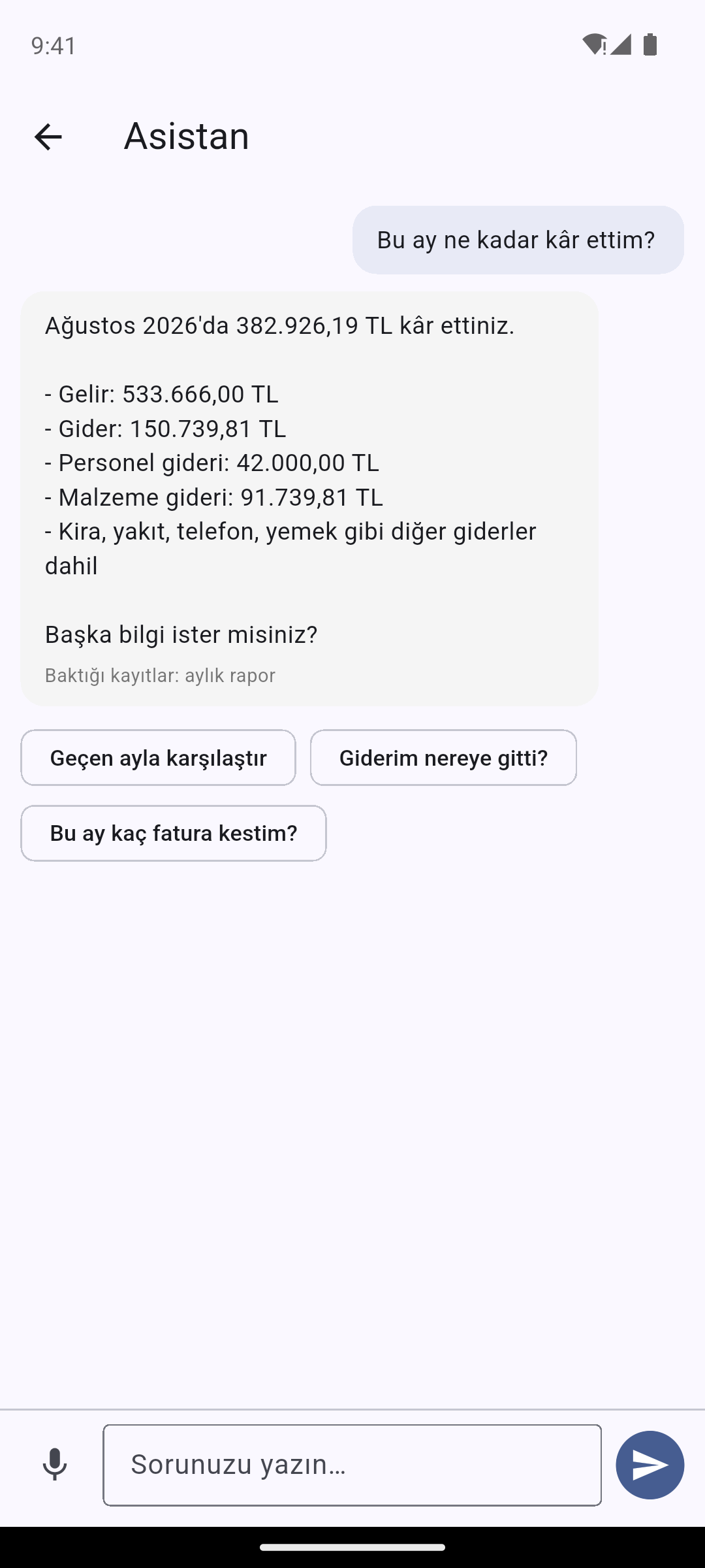 İşin Kolayı asistan ekranı: aylık kâr sorusuna gelir gider kırılımıyla cevap